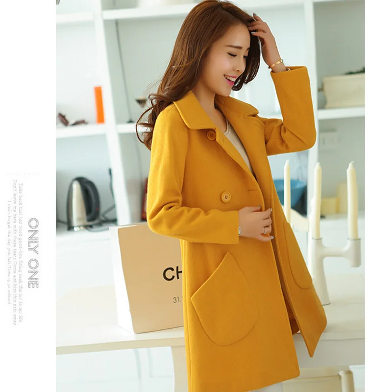 

Office Lady Slim Long Wool Coat Turn-down Collar Wool Blend Coat and Jacket Single Breasted Women Coats Autumn Winter