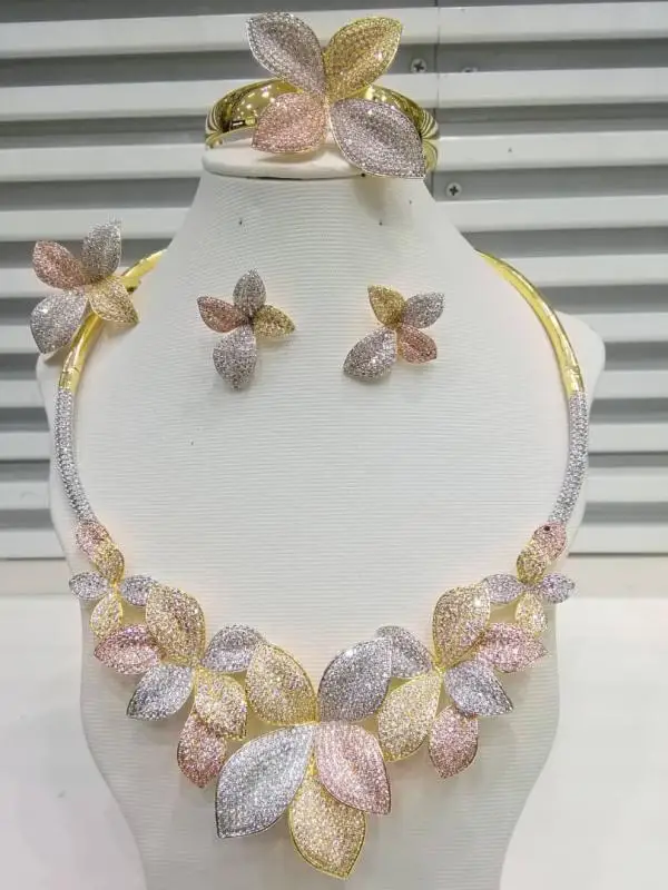 

GODKI Luxury 3 Tone Flower Leaves 4PCS Nigerian Jewelry set For Women Wedding Cubic Zircon Crystal CZ Bridal Earring Ring Sets