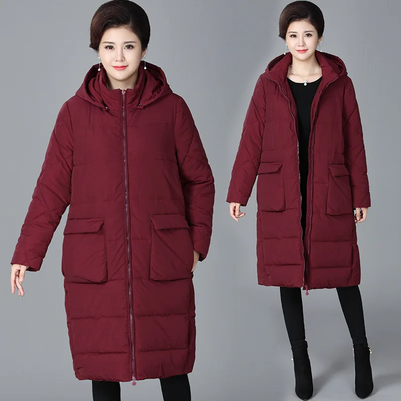 Taille Manteau Capuchon 2018 Parkas Plus Long Mère Lâche Femmes Coton Épais Veste Femme Noir Moyen 4xl D'âge À Chaud Hiver rouge La qHBwq0O