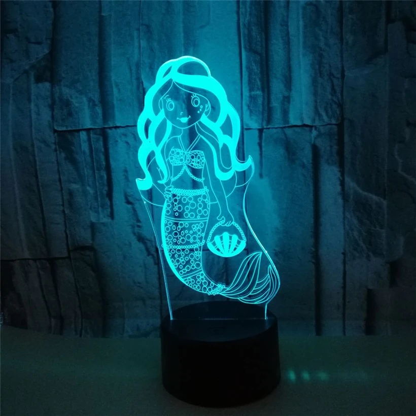 Прекрасный Русалка Принцесса 3D светодиодный Иллюзия ночник 7 цветов Сменные USB Батарея Home Decor сенсорный огни подарок для девочек