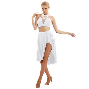 Image 4 - Ballet Dress Adult Women Asymmetric Lyrical Dance Costumes Ballet Leotard For Women  Halter Neck Backless Crop Top with Skirt