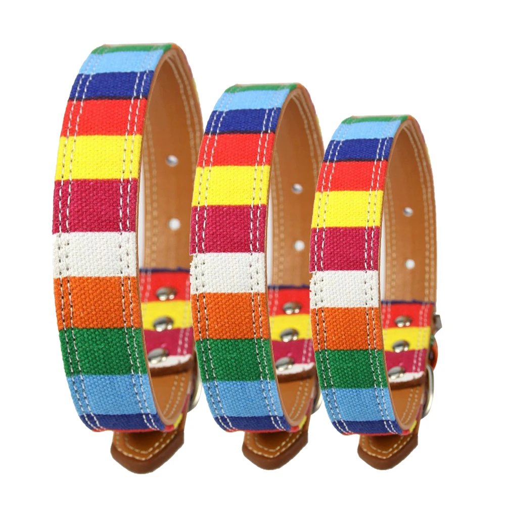 

Dog Adjustable Collar Buckle Neck Leather Plain Collar For Pet Colorful Rainbow stripped