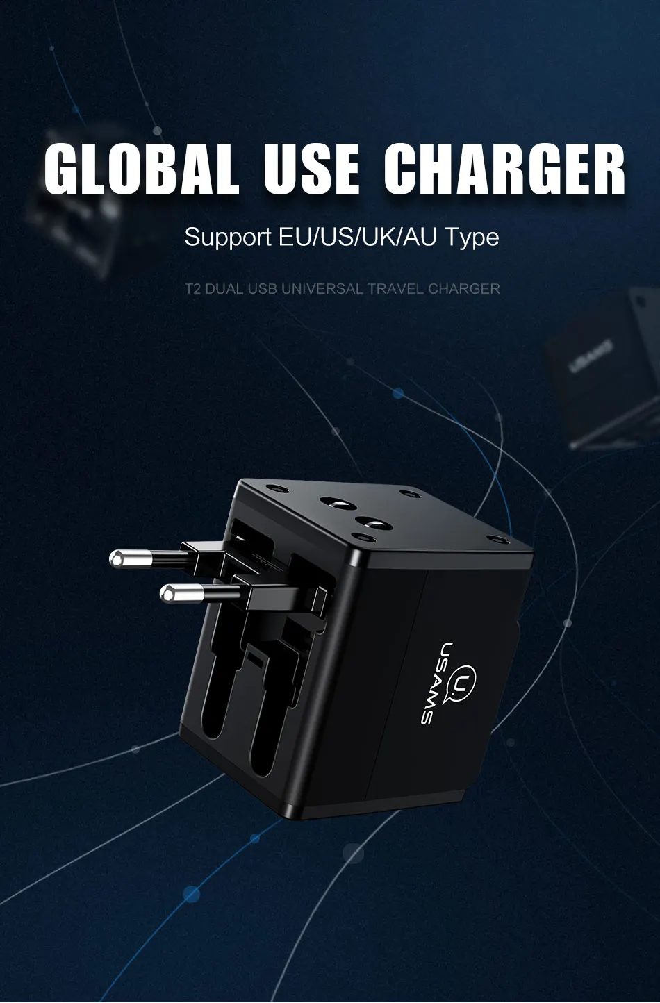 Двойное зарядное устройство USB с глобальной конвертацией, универсальное зарядное устройство для телефона USAMS, зарядное устройство USB с поддержкой ЕС/США/Великобритании/Австралии