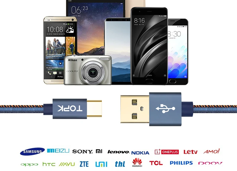 Type-C кабель, TOPK Denim провод USB C позолоченный штекер быстрой зарядки usb type C кабель для MacBook/Xiaomi 4C/Letv/Oneplus