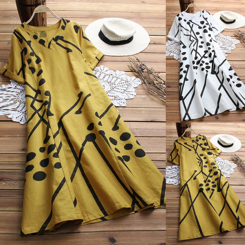 

Summer Dress For Women Casual Short Sleeve V Neck Print Loose Long Plus Size Party Long Dress Mulheres vestido Breathable Casual