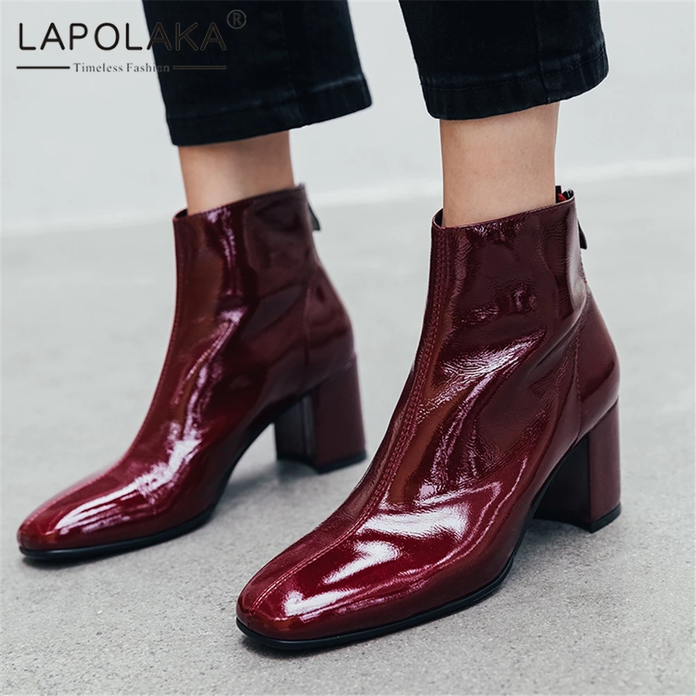 

Lapolaka Brand Design Cow Leather Chunky Heels Ankle Boots Woman Shoes Zipper Square Toe INS Hot Boots Women Shoes Woman