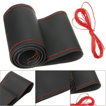

New Arrival 1pc 38CM DIY Hand Sewing Microfiber Leather Steering Wheel Cover BLACK&RED for Interior Accessories