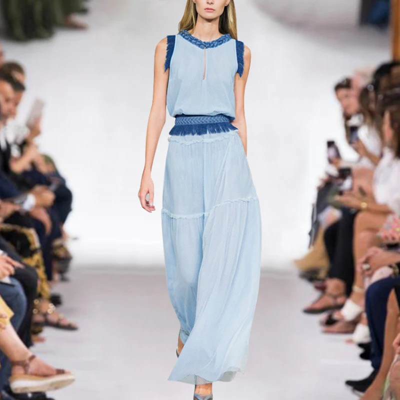 

XF France Retro Girl Casual Sky Blue Woman Set 2019 Summer Women High Quality Tulle Vest Top + Long Half Skirt Two Piece Set New