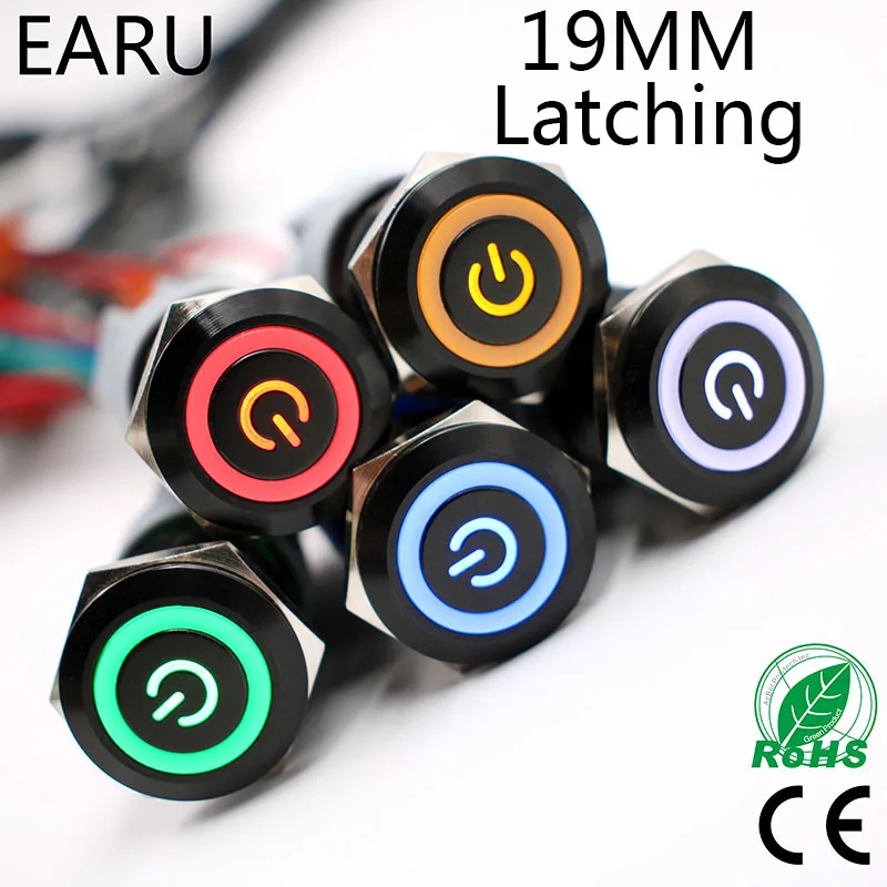 

19mm Black Body Power Press Metal Push Button Switch Waterproof Latching Self-lock Fixation LED Light Illuminated 5V 6V 12V 24V