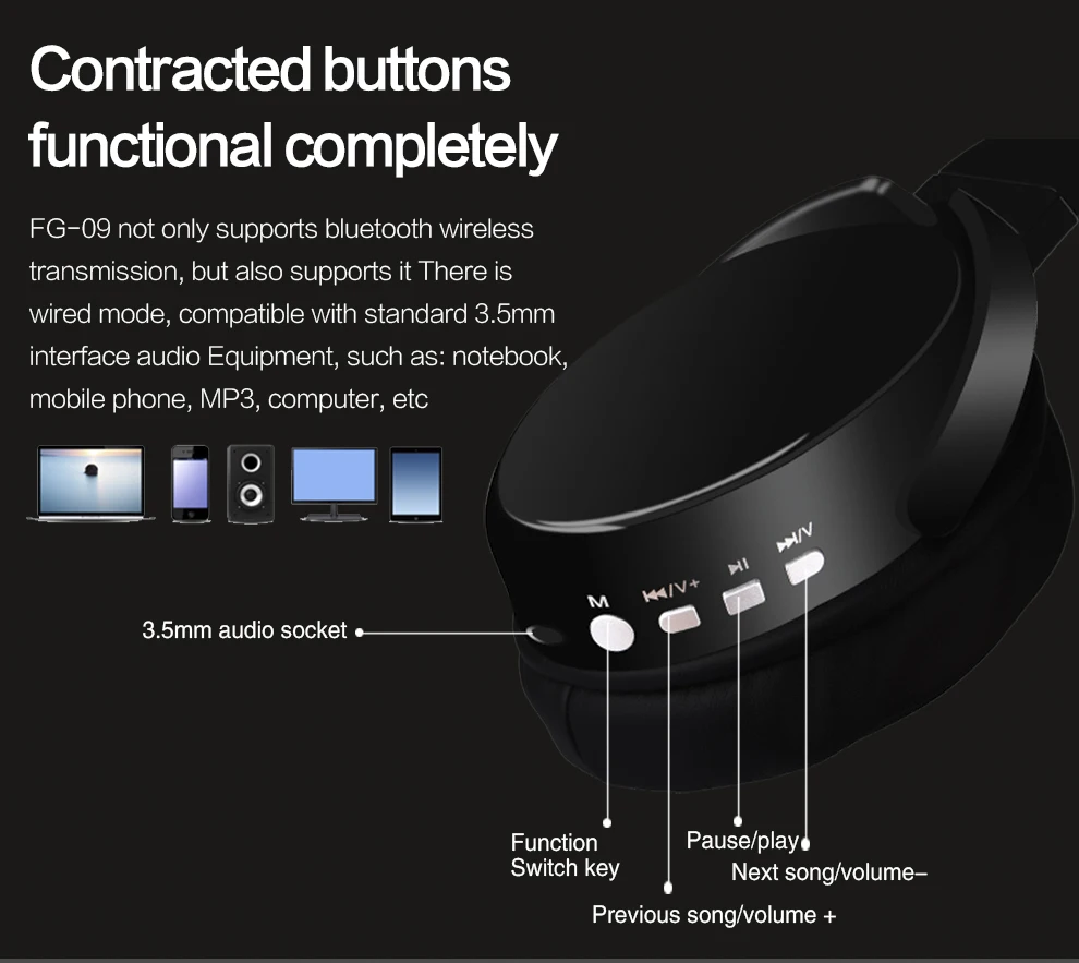 Новый FUGN FG-09 бас стерео Беспроводной Bluetooth наушники Портативный гарнитура с микрофоном Bluetooth CSR 4,2 TF MP3 медиа игры PK Bluedio