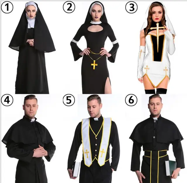 6 style Black Women Nun Virgin Mary Costume Long Dress Christian