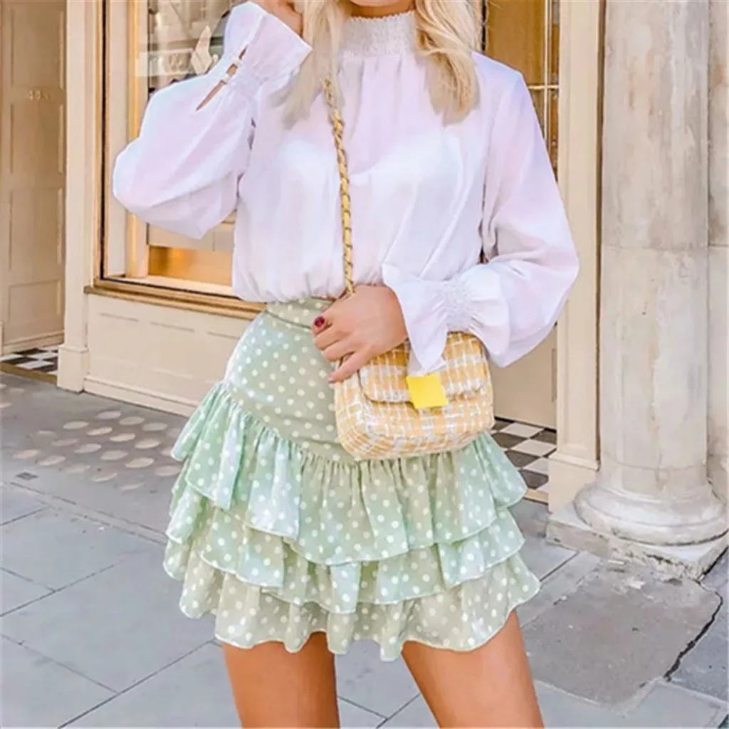 

sexy Mini Empire skirts womens Summer Green Dot Print Pleated Casual Mini Skater Skirt T708