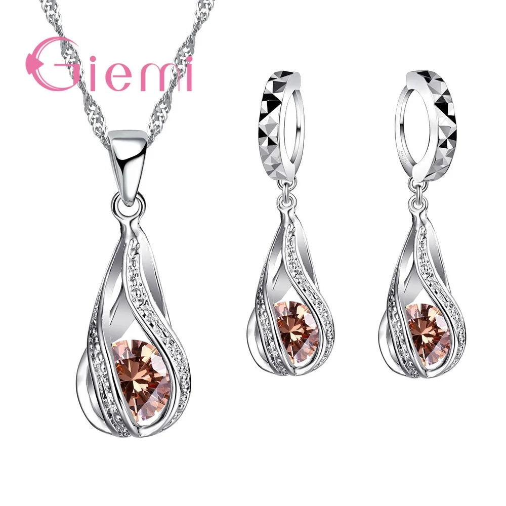 

Elegant 8 Colors Cubic Zirconia Pendant Necklace 925 Sterling Silver Hoop Earring Necklaces Jewelry Set For Birthday Gift