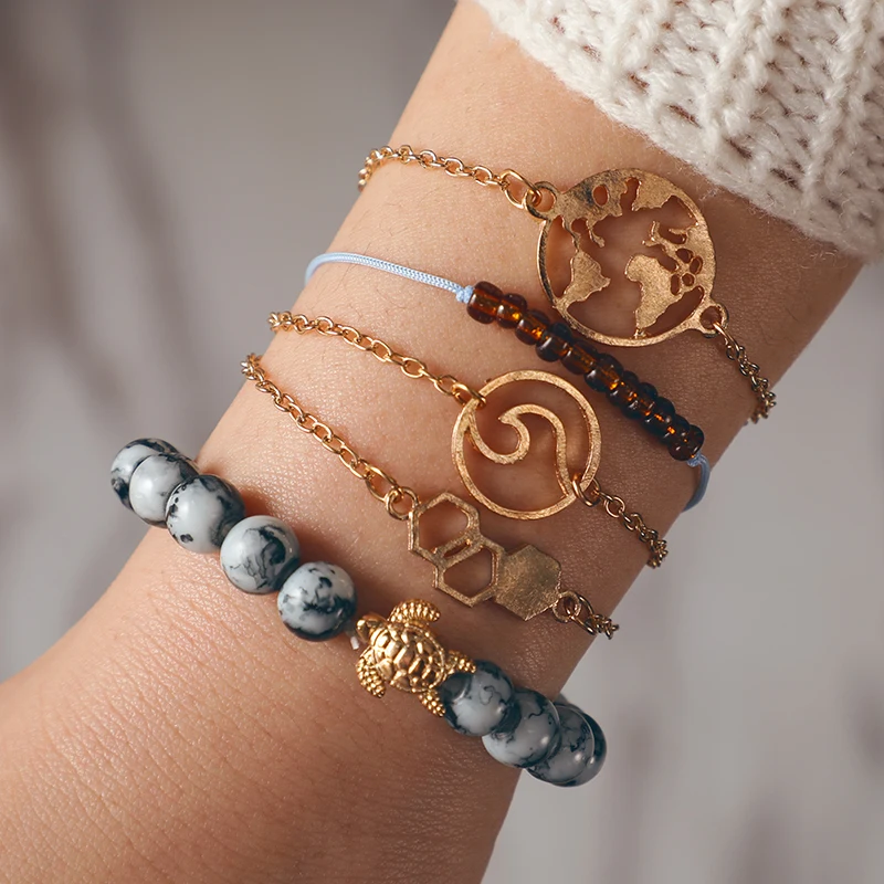 

HuaTang 5pcs/set Rhinestone Map Pendant Bracelets for Women Geometric Wave Turtle Bracelet Bangle Set Bracelet Jewelry 6907