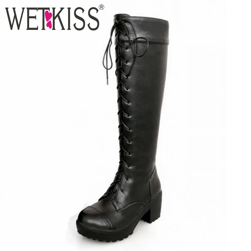 ФОТО WETKISS Big Size 34-43 Lace up Knee High Boots 2017 Knight Thick High Heels Boots for Women Spring Shoes Platform Winter Boots