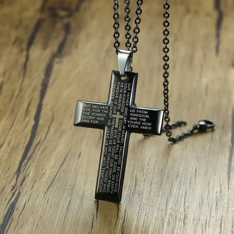 Vnox, черный крест, подвески для мужчин, ожерелье с гравировкой, Библейский стих, ожерелье из нержавеющей стали, повседневные мужские украшения для молитвы - Окраска металла: Black