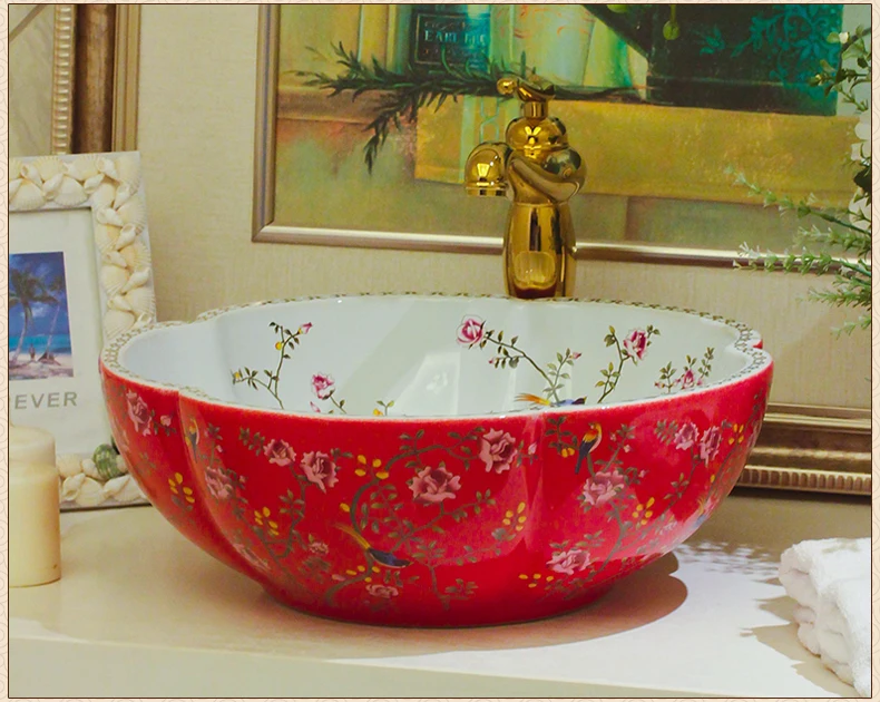 Цветок и птица искусство фарфоровая Столешница Раковина ручной работы керамическая ванная сосуд раковины тщеславия форма цветка керамическая раковина