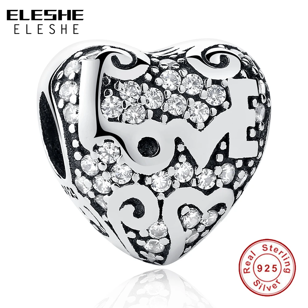 ELESHE Authentic 925 Sterling Silver Love Heart Charm Beads Fit Original ELESHE Bracelet DIY Jewelry In My Heart With Clear CZ