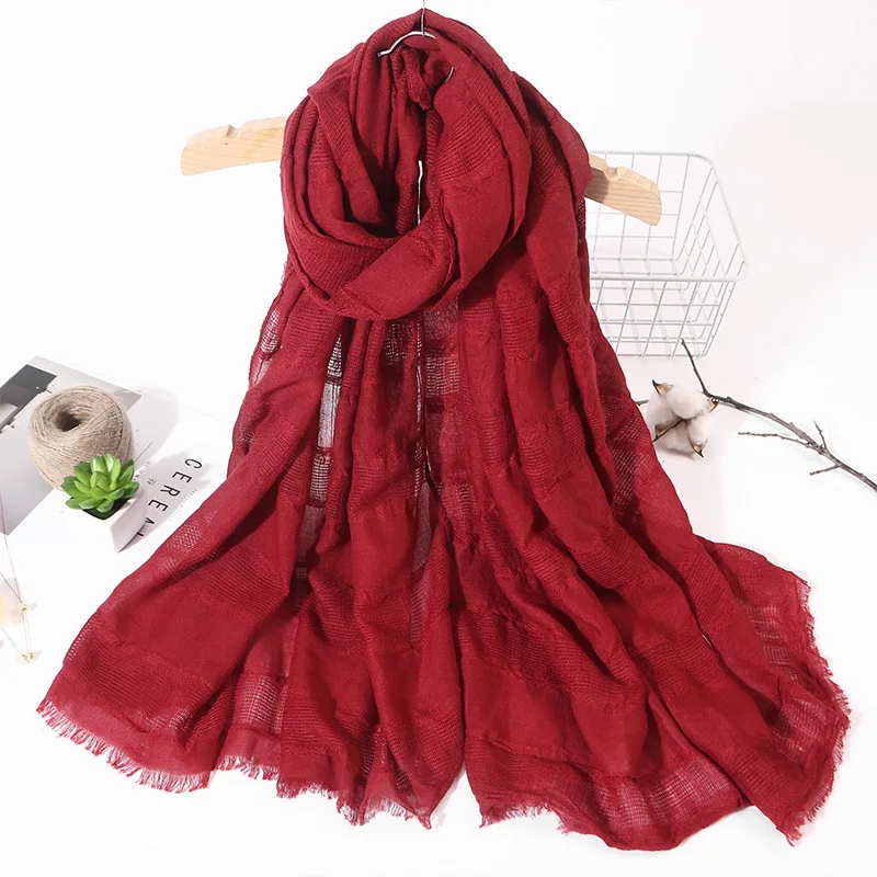 Модный дизайнерский весенний полый льняной и хлопковый шарф для женщин, сплошной цвет, мусульманский красный и черный хиджаб, шарфы, платок для волос, шали