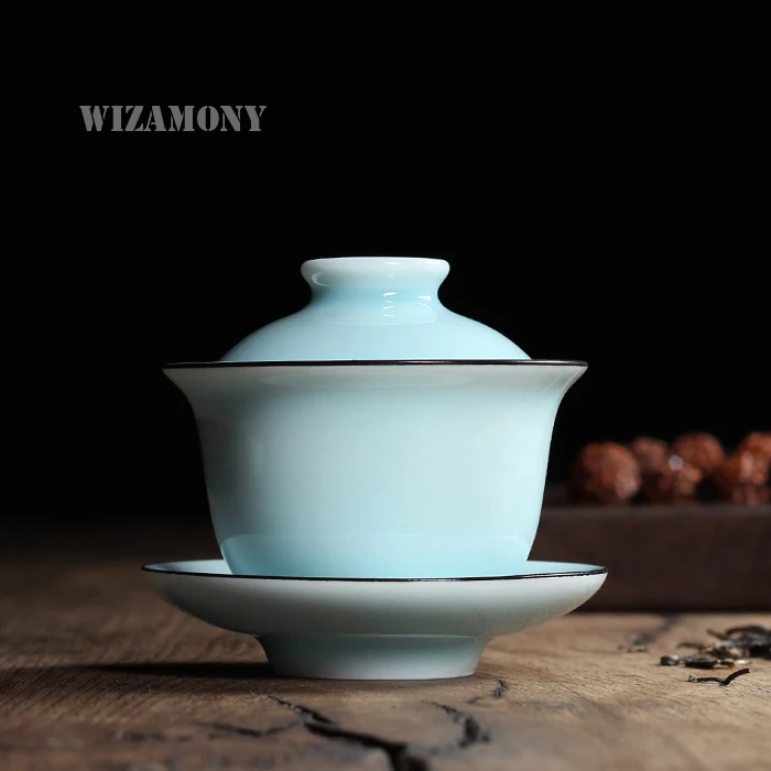 Китайский Longquan Celadon Gaiwan Китай Чай чашки и блюдца Чай ковша 130 мл национальным уровне мастер служить Чай чашки фарфор Чай горшок - Цвет: Azure