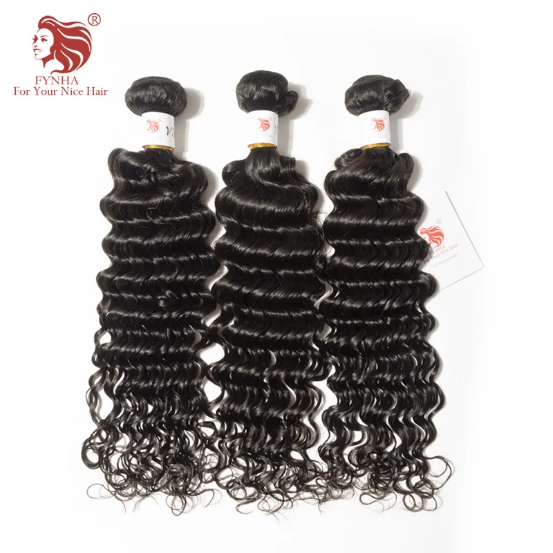 [FYNHA] 3 Bundles Peruvian Virgin Hair Deep Wave Weave Wavy Human Extensions Natural Black Deal | Шиньоны и парики