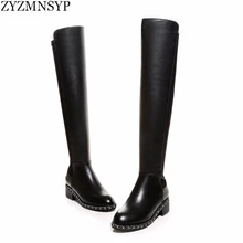 ZYZMNSYP Sexy Stretch weiche echtes Reiten knie oberschenkel hohe stiefel herbst winter frau ketten schwarz schuhe damen stiefel