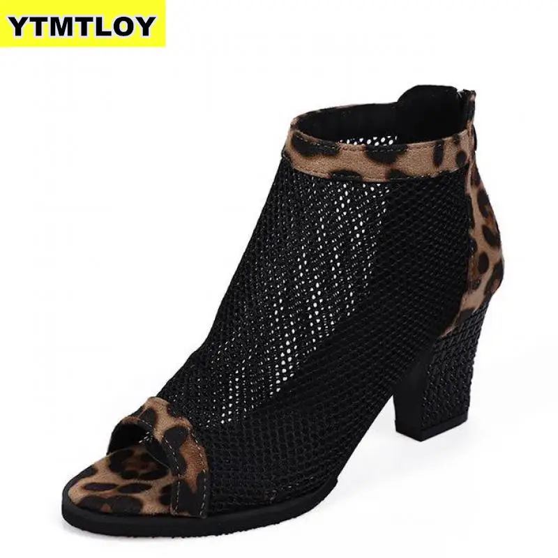

Women Pumps High Thick Black Heels Ladies Shoes Mesh Zipper Open Toe Casual Party wedding Chunky Party Dress Sandal Chunky Heels