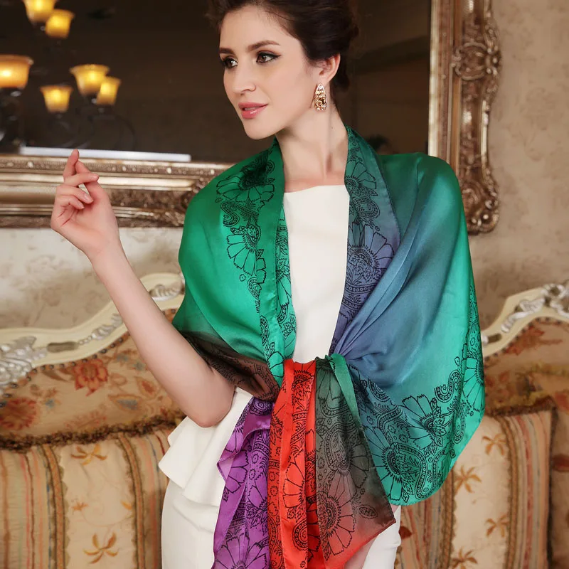 BYSIFA Модный женский шелковый шарф с принтом весна осень бренд шелковые длинные шарфы шали женский зеленый шарф накидка