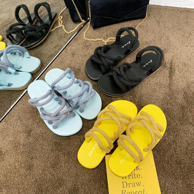 

HKCP Grass woven hemp rope sandals women 2019 summer new Korean version outside wearing flat beach shoes slippers C256