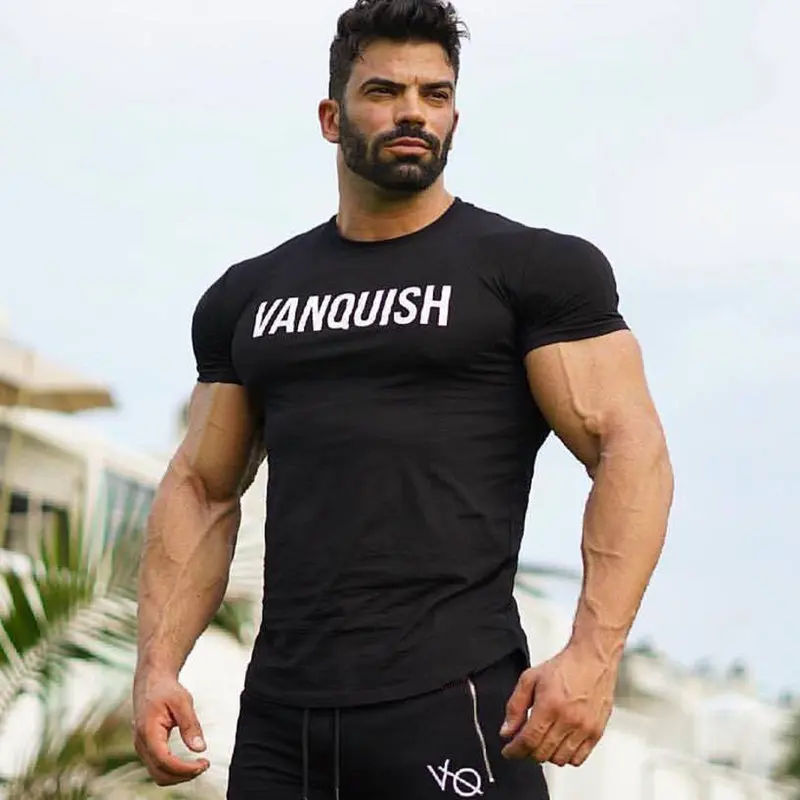 

Men Running Cotton Short sleeve T-shirt Gym Fitness Bodybuilding Training t shirt Male Jogging Workout Slim Tees Tops Clothing
