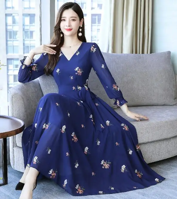 

2019 Autumn New Arrival High Quality Elegant Flower Embroidery V Collar Long Sleeve Woman Chiffon Long Dress