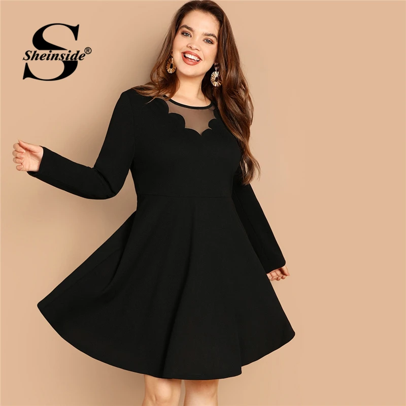 

Sheinside Black Plus Size Mesh Insert Scallop Trim Swing Dress Elegant Party Women Dresses Long Sleeve Flared A Line Mini Dress