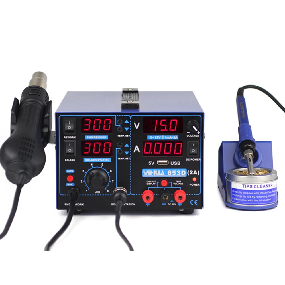 YIHUA 853D 2A с 5V USB сварочная станция SMD DC источник питания горячий воздух пистолет