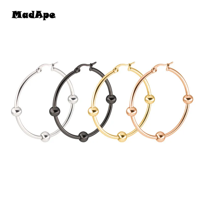 MadApe 여성용 심플 비즈 라운드 후프 귀걸이, 스테인레스 스틸 패션, 골드 컬러 귀걸이, 귀걸이 쥬얼리, 4 사이즈 레이디 선물 부클 