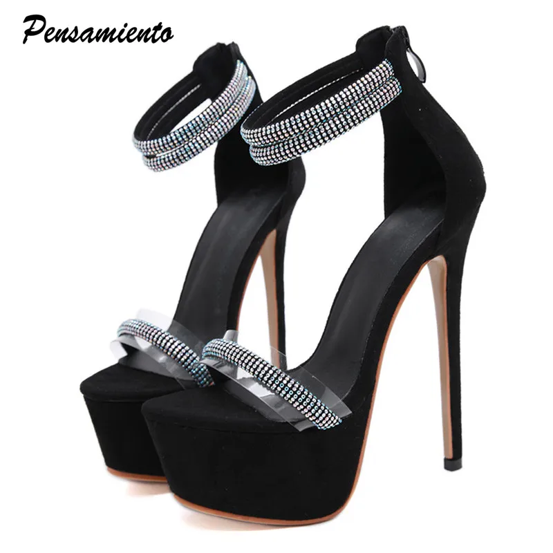 

Pensamiento 17cm Super High heels Women Sandals Rhinestones Ladies Gladiator Sandals Platform Wedges Summer Party shoes Woman