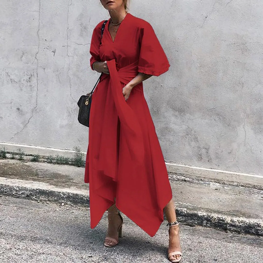 Dresses woman party night Elegant Maxi Women Short Sleeve Evening Party Dress Asymmetrical Cross Belt Long Dress D300517
