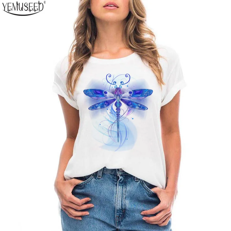

YEMUSEED New Arrival Women T Shirts Dreamlike Beautiful Dragonf Printed T-Shirt White O-Neck Sleeve shirt QD14-QM