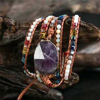 Newest unique chakra natural stones charm 5 strands wrap bracelets handmade boho bracelet women leather bracelet