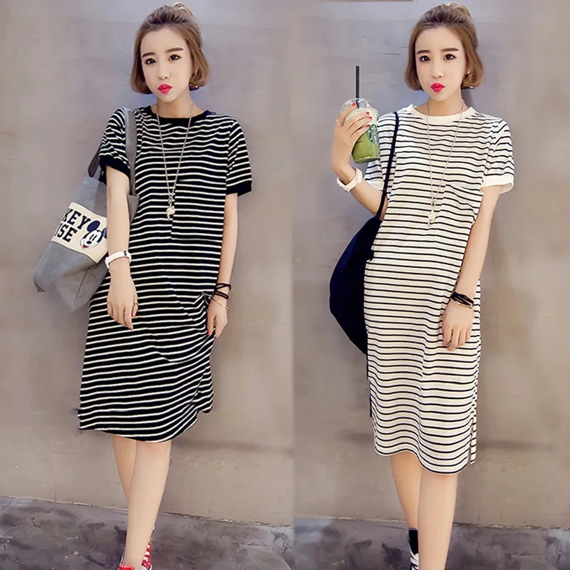 

Breastfeeding clothes out 2019 summer new style long cotton short sleeve striped large size dress pregnant shirt