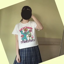 Синяя и зеленая Милая свободная футболка с монстрами, летняя хлопковая Футболка с аниме, модная повседневная Милая футболка с короткими рукавами белого цвета