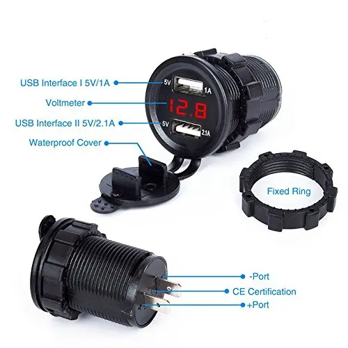 Dual USB Charger Socket car 3.1A Dual Port Power Outlet with LED Voltmeter & Wire Fuse for Car Boat Marine Motorcycle 12-24V21 (3)