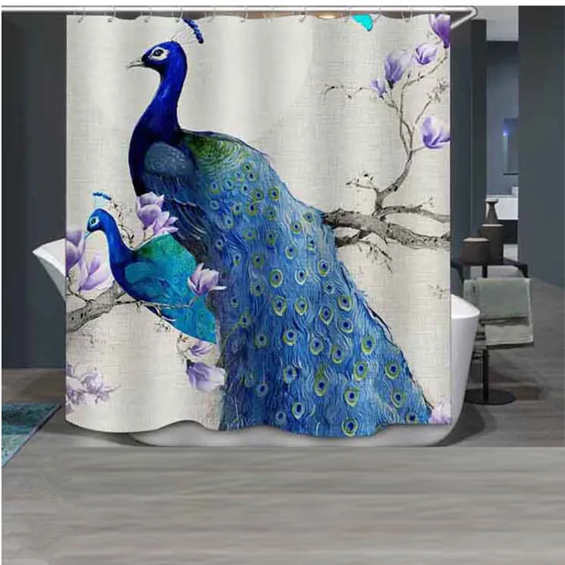 

Multi-size Peacock Bathroom Shower Curtain Polyester Waterproof Quick Dry Deer Printing Shower Curtain With 12pcs Hook