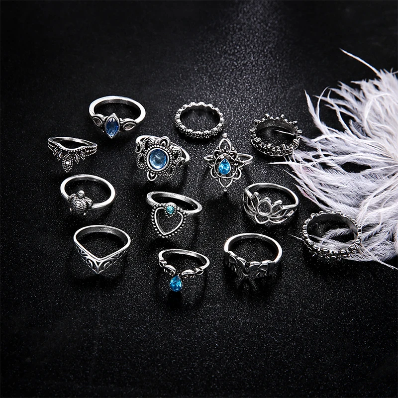 Женские кольца в богемном стиле с черепахой, ажурные, в форме лотоса, в форме сердца, с геометрическим кристаллом, набор серебряных колец, женские вечерние ювелирные изделия