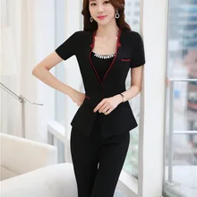 Новинка, черные Профессиональные деловые костюмы, Пиджаки и брюки, Женская Офисная Рабочая одежда, брючные костюмы с коротким рукавом, летние комплекты брюк