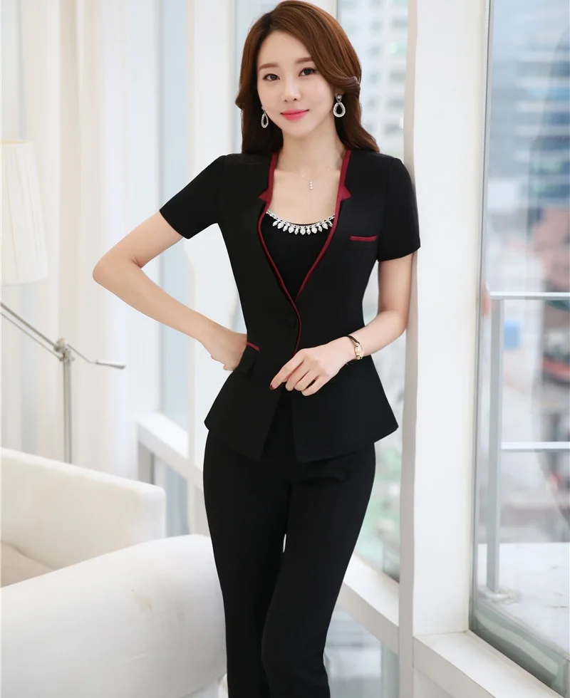 Vestes Nouveauté D'été Noir Ensembles Bureau Business Et Pantsuits Dames Black Courtes Pantalon Manches Professional Work Wear Costumes Pantalons I4IrFqB