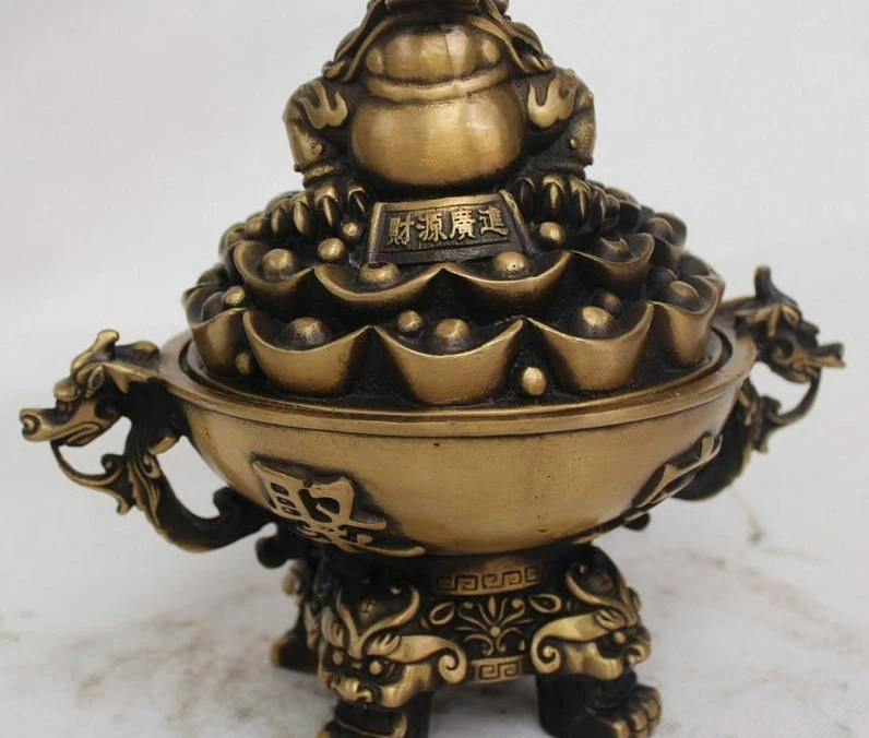 

7"Chinese Bronze Wealth Golden Toad Spittor Treasure Bowl Incense Burner Censer
