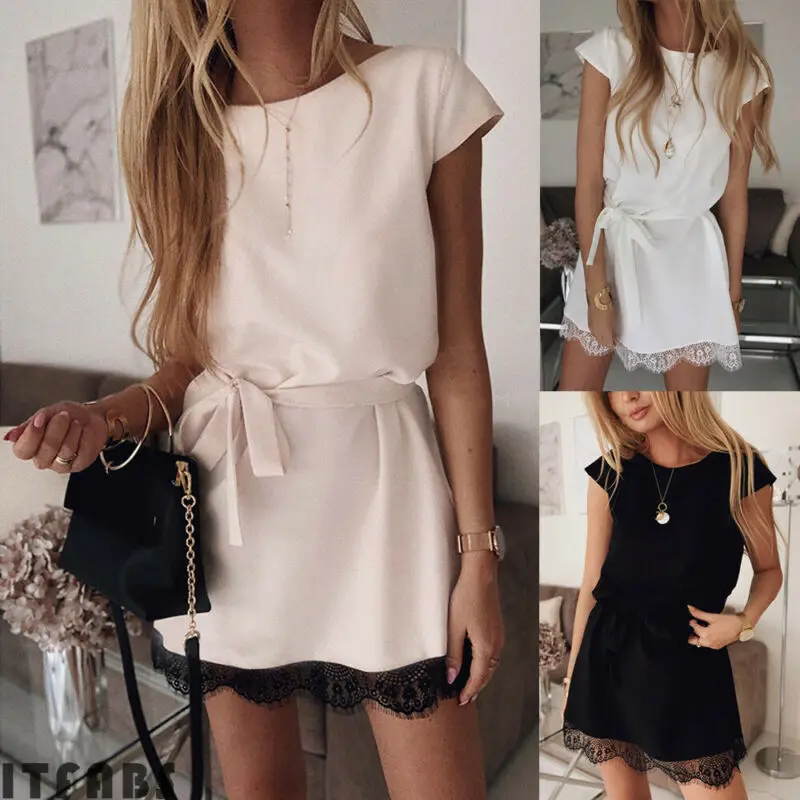 

Retro Hot Women Dress Lace Stylish Chic Short Sleeve Bodycon Mini Dress Ladies Summer Autumn Casual Stretch Top Shirt Dress New