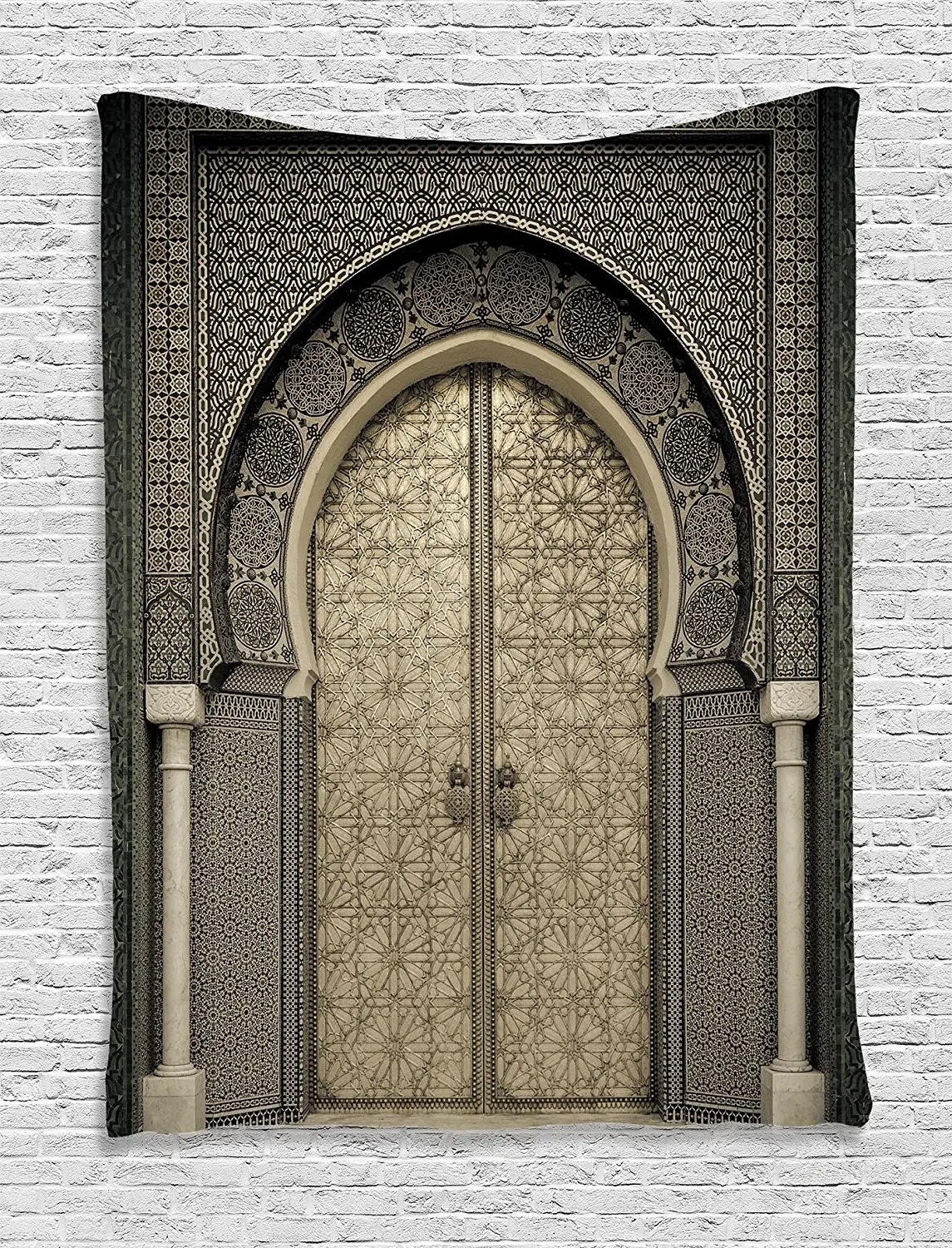 

Door Tapestry Beige Decor Aged Gate Moroccan Geometric Pattern Doorway Design Oriental Style,Wall Hanging Tapestry