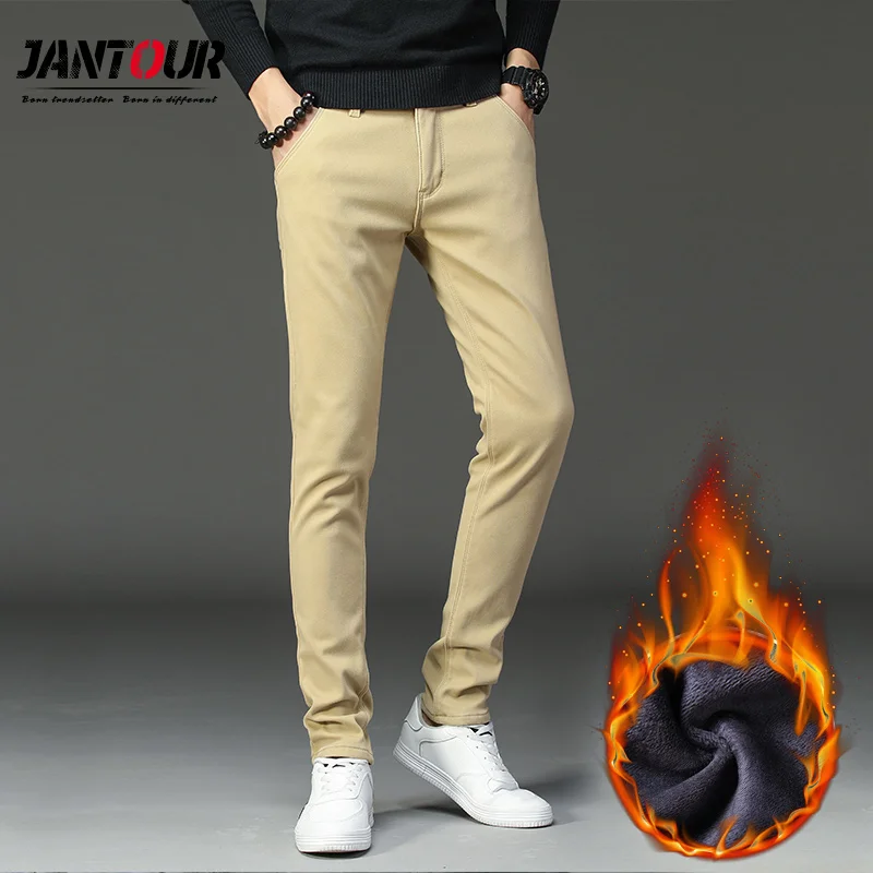 Goede Mannen winter Fleece Pluis Thicken warm Casual Broek mannen Business Straight Elastische Dikke Kaki katoenen broek mannelijke gratis verzending