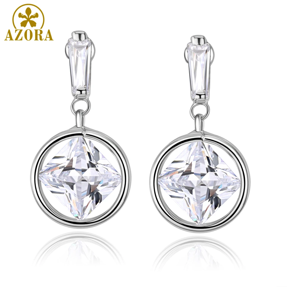 AZORA Silver Color Drop Earrings for Women Round Dangle Square Clear Zirconia Earrings Female Jewelry Limited Edition TE0339